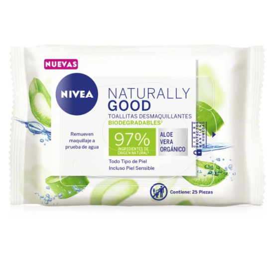 Imagen de NIVEA FACE NATURALLY GOOD ALOE VERA ORG. TODO TIPO PIEL TOALLITAS DESMAQ. 25 UNI