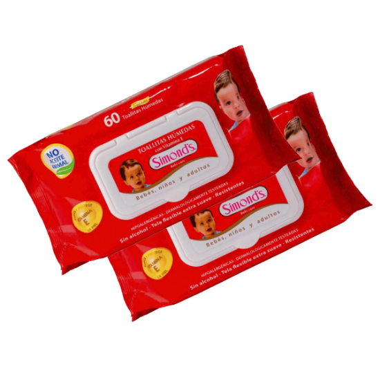 Imagen de SIMONDS BABY CARE VITAMINA-E ROJA PLANA TOALLITAS HUMEDAS 60 UNID. REPUESTO PACK2