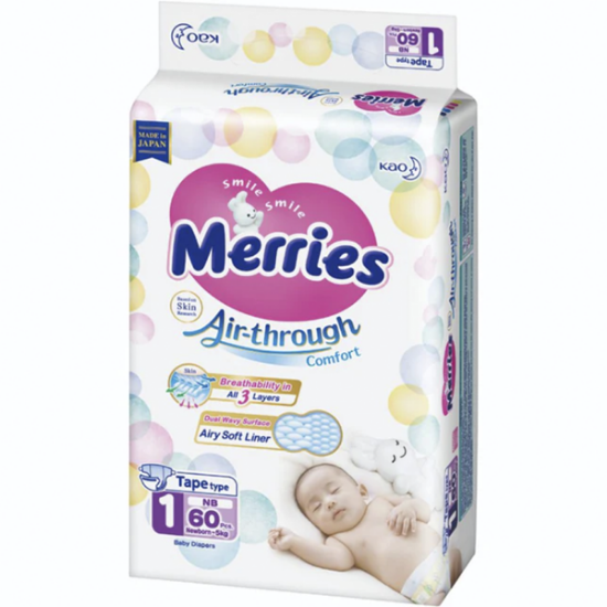 Imagen de MERRIES VELCRO TALLA RN PAÑAL 60 UNID. + PELUCHE CONEJO