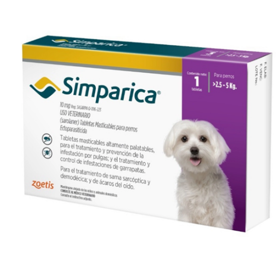 Imagen de VET SIMPARICA 10MG DE 2.5 A 5 KG X 1 COMP.
