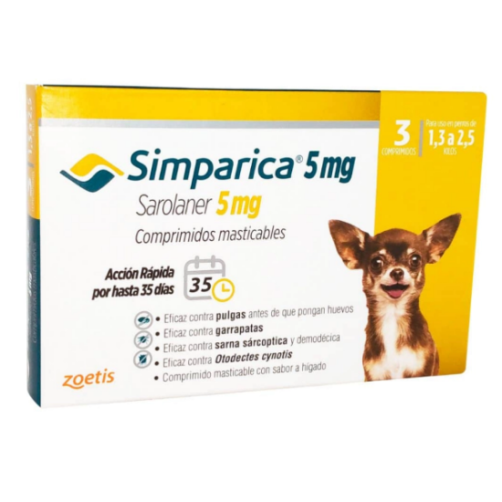 Imagen de VET SIMPARICA 5MG X 3 COMP. (1.3KG A 2.5KG)