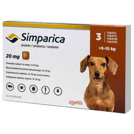 Imagen de VET SIMPARICA 20MG X 3 COMP. (5KG A 10 KG)